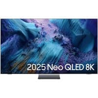 Samsung 75" 8K Neo QLED TV with thin bezels, vibrant display, and central stand, featuring Vision AI technology.