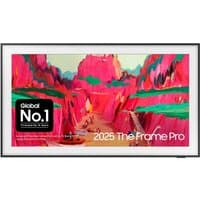 Samsung 85" The Frame Pro Neo QLED 4K TV with slim black bezel, displaying vibrant abstract art.