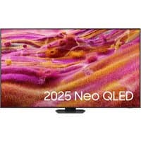 Samsung 98" Neo QLED 4K Smart TV with slim black bezel, vibrant display showing abstract pink and orange design