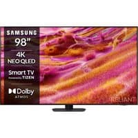 Samsung 98" 4K Neo QLED Smart TV with thin black bezel, vibrant display, and central stand.