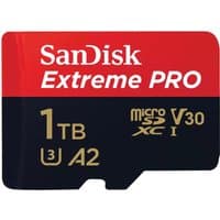 SanDisk Extreme PRO 1TB MicroSDXC card, red and black with gold text, UHS-I Class 10, V30, A2 rating.