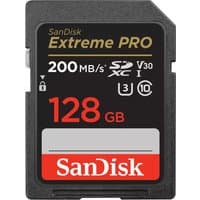 SanDisk Extreme PRO 128 GB SDXC UHS-I card, black with red and gold text, 200 MB/s speed, Class 10, V30 rating.