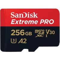 SanDisk Extreme PRO 256GB MicroSDXC card, red and black with gold text, UHS-I Class 10, V30, A2 rating.