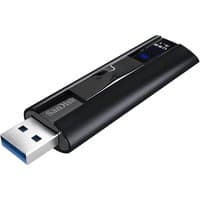 Black SanDisk Extreme Pro USB flash drive with retractable connector and blue USB 3.2 Gen 1 port.