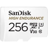White SanDisk High Endurance 256GB MicroSDXC card with black and gold text, UHS-I, Class 10, V30, U3 symbols.