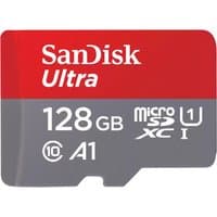 Red and gray SanDisk Ultra 128GB microSDXC card with UHS-I, Class 10, A1 markings.