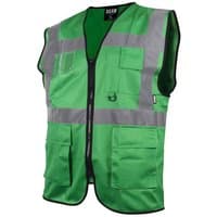 Green hi-vis utility waistcoat with reflective stripes, multiple pockets, and zip closure.