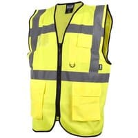 Yellow hi-vis utility waistcoat with reflective stripes, multiple pockets, and black zipper, size M (41In).