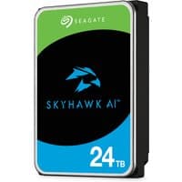 Seagate SkyHawk AI 24 TB internal hard drive, black and silver casing, blue and green label with hawk logo.