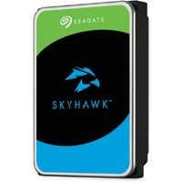 Seagate SkyHawk 1TB internal hard drive, black with green and blue label, featuring a bird logo and silver edges.