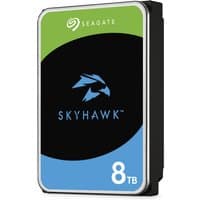 Seagate SkyHawk 8TB internal hard drive, black with green and blue label, 3.5" size, Serial ATA interface.