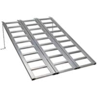 Silver Sealey ramp for motorcycles, trikes, ATVs, and mini tractors with dual ladder-style tracks and side chains.