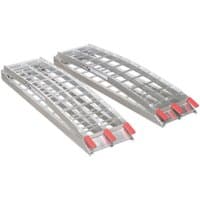 Aluminium loading ramps with grid pattern, red safety tips, and 680kg capacity per pair by Sealey.