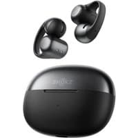 Black SHOKZ E310BK wireless ear-clip headphones with sleek design, compact charging case, ideal for calls and sports.