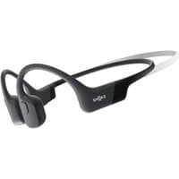 Black SHOKZ Openrun Mini wireless neck-band headset with bone conduction design and sleek curved earpieces.