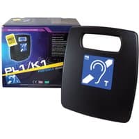 Black Signet PL1/K1 audio amplifier with handle, blue hearing loop symbol, next to purple and black packaging.