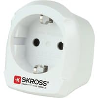 White Skross travel adapter, Europe to UK, earthed, with two round prongs and UK socket, red logo on front.