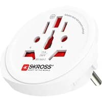 White Skross travel adapter, round design, red accents, compatible with 2- and 3-pole devices, EU plug.
