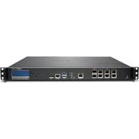 Black SonicWall 01-SSC-2301 gateway/controller with multiple Ethernet ports, USB slots, and front display panel.