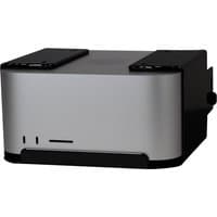 Silver Sonnet MacCuff Studio mount with black accents, designed for securing Mac Mini under desks or shelves.