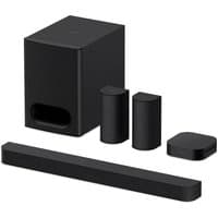 Black Sony HT-S60 soundbar system with subwoofer, two rear speakers, and control unit, sleek rectangular design.