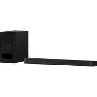 Black Sony soundbar with wireless subwoofer, sleek design, 3.1.2 channels, ideal for enhancing home theater audio.