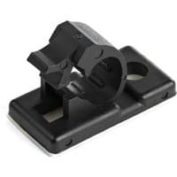 Black adhesive cable management clip with rectangular base and circular holder for organizing cables.