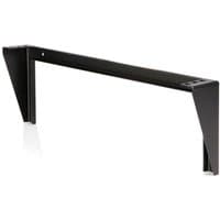 Black steel vertical wall mount rack bracket with L-shaped design and mounting holes for 19-inch equipment.