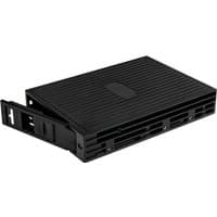 Black StarTech.com converter with ribbed surface, fits 2.5in SSD/HDD into 3.5in bay, slide-out tray design.