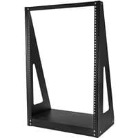 Black 2-post 16U heavy-duty desktop server rack with open frame and angled side panels.