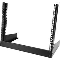 Black StarTech.com 2-Post 8U desktop server rack, open frame, 19-inch, with perforated sides and sturdy base.