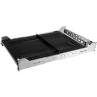 Black and silver 2U vented sliding server rack shelf with cable management slots and adjustable mounting brackets.