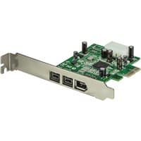 Green StarTech PCI Express card with two 6-pin and one 4-pin FireWire ports, silver bracket.