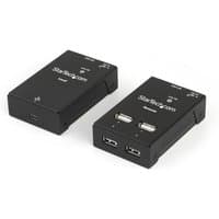 Black StarTech.com 4-Port USB 2.0 extender with Cat5/Cat6 ports, compact design, 130ft range, two USB ports on each unit.