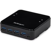 Black StarTech.com USB 3.0 sharing switch with four USB ports and LED indicators on top.