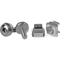 Silver M5 mounting screws and cage nuts for server racks, featuring a crosshead design and square nut housing.