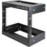 Black StarTech.com 8U wall mount network rack with adjustable depth, open frame, and multiple mounting holes.