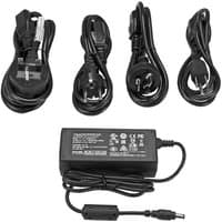 Black StarTech.com 12V, 5A DC power adapter with four interchangeable plug types and attached cable.