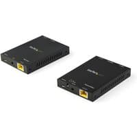 Black StarTech.com HDMI over CAT6 Extender Kit with yellow Ethernet ports and sleek rectangular design.