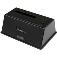 Black StarTech.com USB 3.0 to SATA hard drive docking station with single bay and rectangular design.
