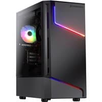 Black STORMFORCE gaming desktop with LED accents, transparent side panel, and visible internal RGB lighting.