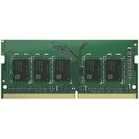 Green Synology D4ES03-8G memory module with black chips, 8 GB DDR4 ECC, gold contact edge.