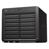 Black Synology DiskStation DS2422+ NAS server with 12 drive bays, LED indicators, and Ryzen Embedded V1500B processor.