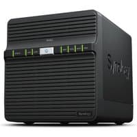 Black Synology DiskStation DS423 NAS with horizontal vents, LED indicators, and Synology logo on the side.