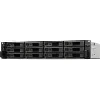 Black Synology SA3610 NAS server with 12 front-facing drive bays, 2U rack size, and Intel Xeon D-1567 processor.