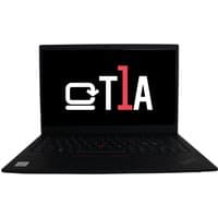 Black Lenovo ThinkPad X1 Carbon 9 Gen laptop, open with T1A logo on screen, featuring a sleek design and backlit keyboard.