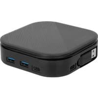 Black Targus laptop dock with rounded edges, USB 3.2 Gen 2 Type-C ports, and textured top surface.