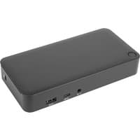 Black Targus DOCK310EUZ laptop dock with rounded edges, USB ports, and audio jack on the side.