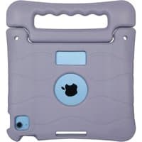 Purple Targus children's tablet case with handle, wavy texture, and blue accents around camera and logo.
