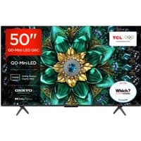 TCL 50" Q6C 4K QLED Mini-LED Smart TV with thin bezels, vivid display, and dual stand legs.